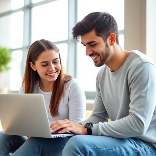 Dos estudiantes colaborando en una estrategia de marketing digital en una laptop.