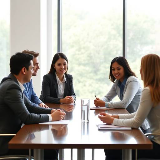 Un grupo de profesionales colaborando y discutiendo estrategias de liderazgo en una sala de reuniones.